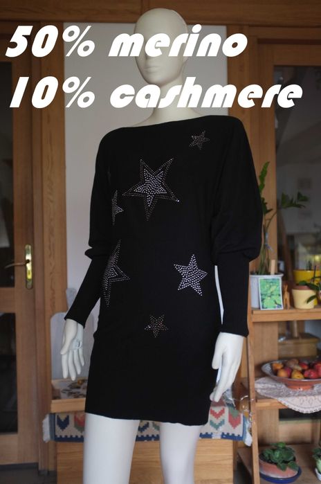 czarna wełniana sukienka sweter tunika wełna merino kaszmir motyl