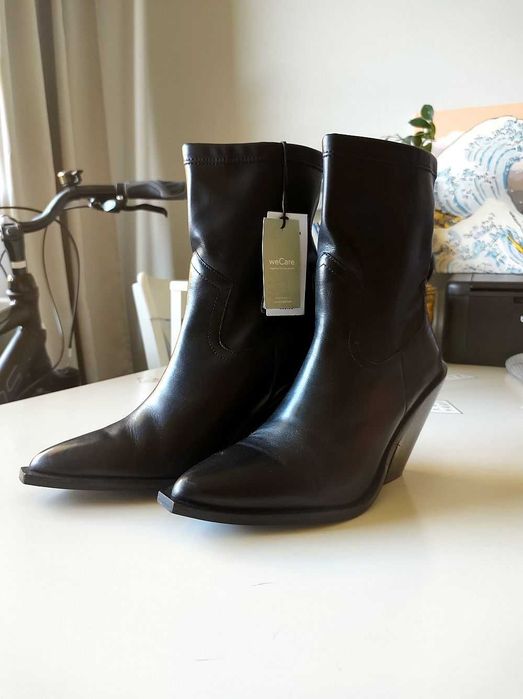 Nowe czarne skórzane kowbojki botki Badura