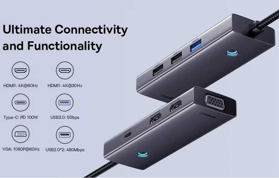 Хаб/док стація Baseus usb hub 7 в 1 - 2 HDMI 4K 60Hz /VGA/PD (21712)