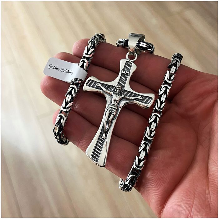 Srebrny Męski Łańcuszek Splot Królewski+duży Krzyż / Zestaw Oksydowany