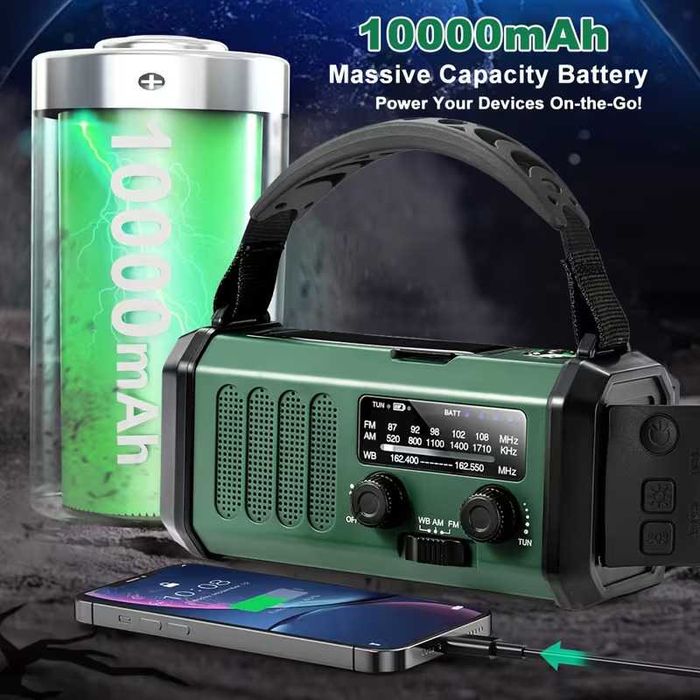 Rádio Emergência 10000mAh Solar/Manivela AM FM Lanterna SOS