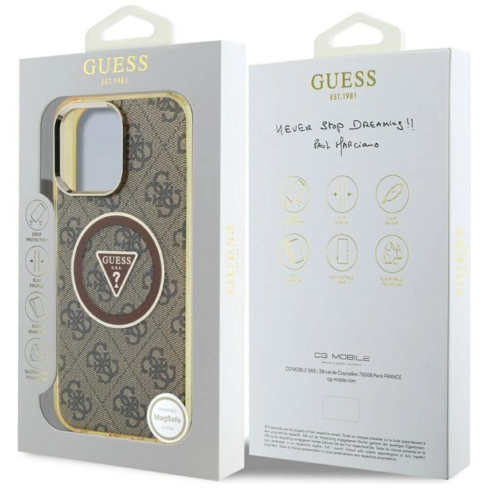 Etui Guess IML Metal Glitter 4G Circle Triangle MagSafe na iPhone 16 Pro Max - brązowe