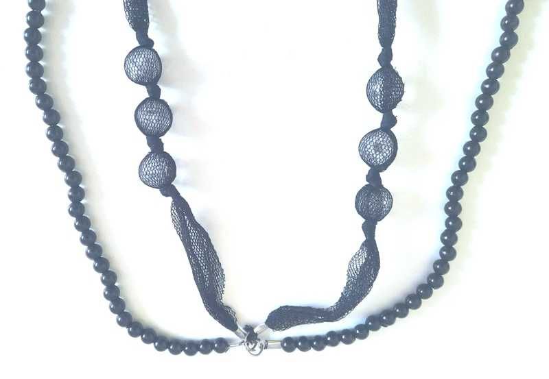 NOWY Długi 44 cm czarny naszyjnik podwójny koraliki kryształki