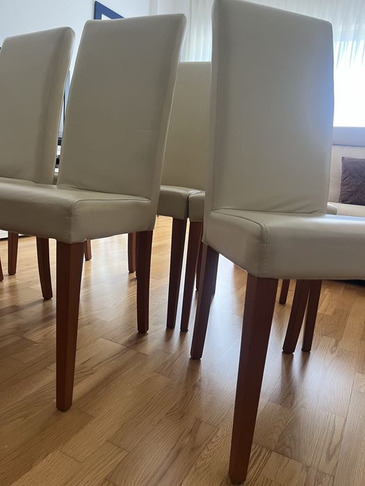 6 Cadeiras de Mesa de Jantar em Carvalho e Pele Bege