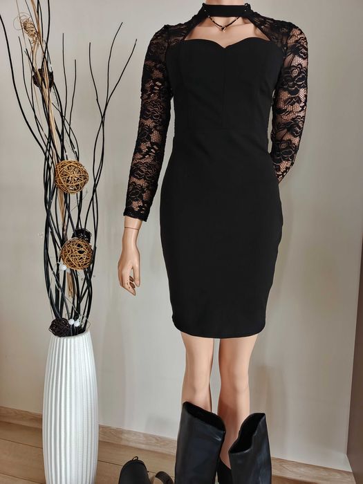 Sukienka czarna elegancka z chokerem koronką M mini ołówkowa
