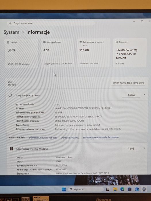 Komputer i7-8700K GTX 1060 6GB 16GB RAM