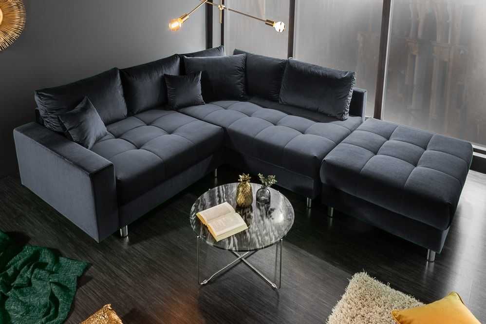 Elegancki narożnik do salonu z pufa i funkcją spania