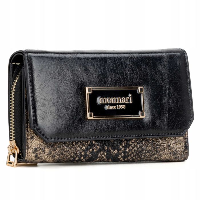 Skórzany Portfel Damski MONNARI Klasyczny Czarny Złoty Skóra Węża