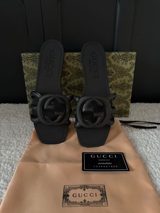 Klapki Gucci nowe czarne box Logo top 38