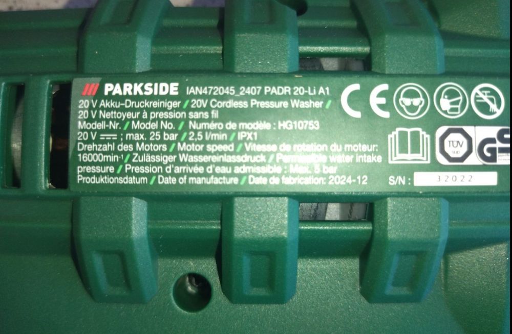 Мойка аккумуляторная parkside padr 20 li a1