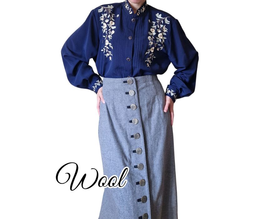 Vintage szara wełniana spódnica midi maxi landhaus