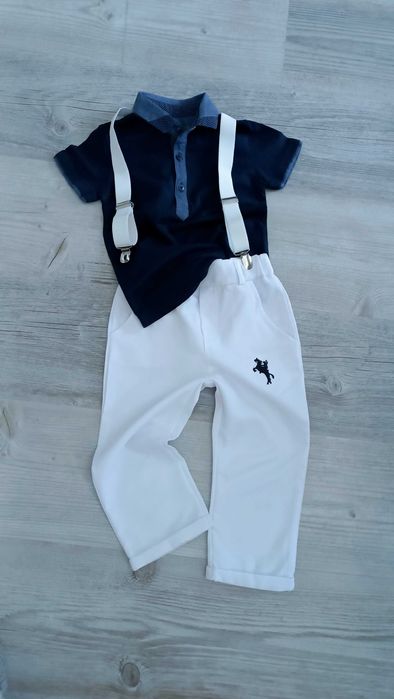 Next elegancki zestaw dla chłopca polo spodnie szelki 86 92