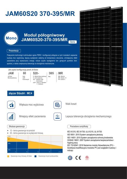 Panel  fotowoltaiczne, Moduły PV JaSolar JAM60S20-385/MR BF, od 1szt, netto 244zł