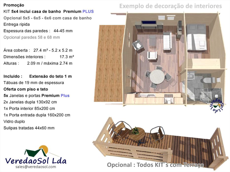 Casa madeira 5x4 m Sala c.d. banho - Área coberta 27m² em 5 variações