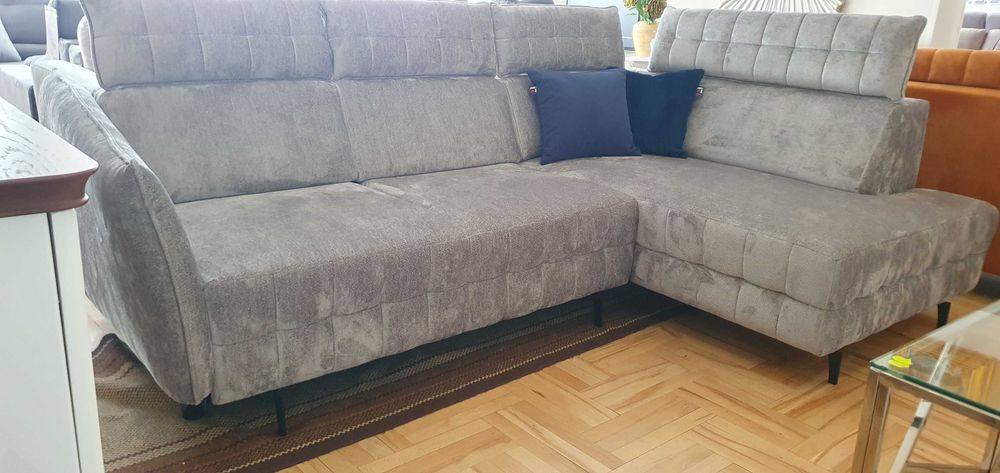 Szary narożnik 252x168 MOLTA z fun. spania zagłówki USB Libro