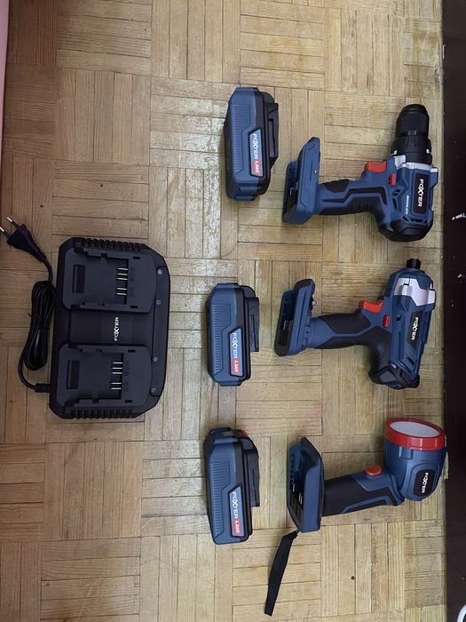 Kit Ferramentas Foxter 20V – Berbequim + Chave de Impacto + Lanterna + 3 Baterias 4.0Ah