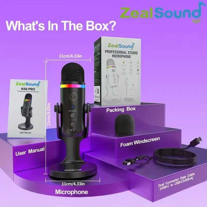 USB мікрофон ZealSound K66 PRO з RGB-підсвіткою для стрімінгу ( noise-canceling, touch control, gain & echo, чорний)