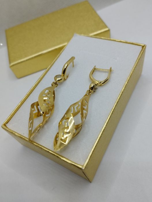 Złote kolczyki wiszące skręcone grecki motyw, złoto 585
