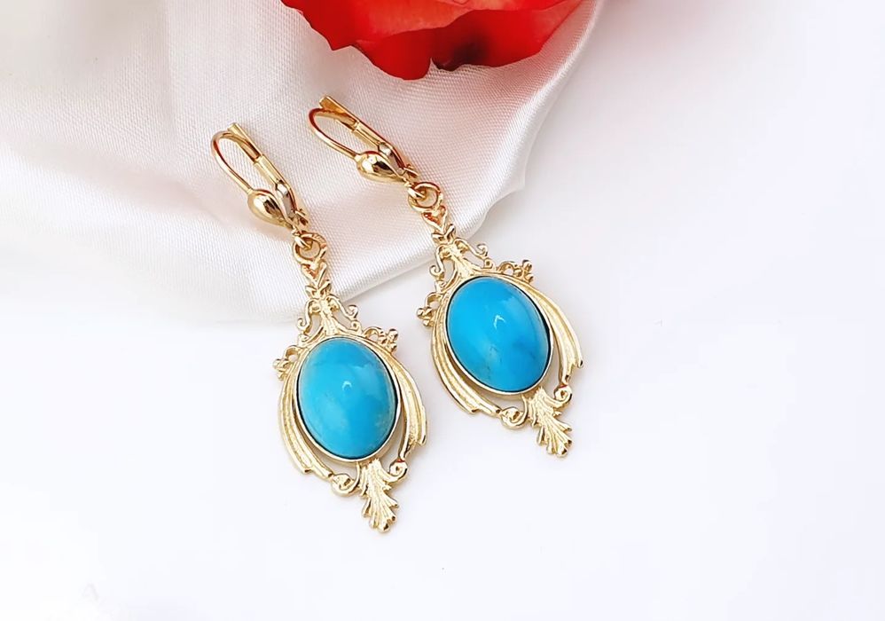 Złote kolczyki pr. 585 z naturalnym turkusem