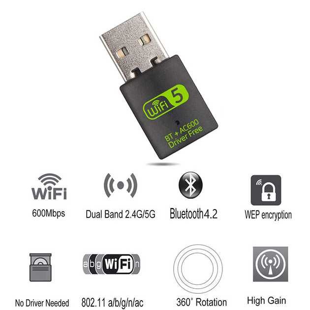 Дводіапазонний адаптер Wi-Fi 2.4/5 GHz + Bluetooth 4.2 USB 600Mbps