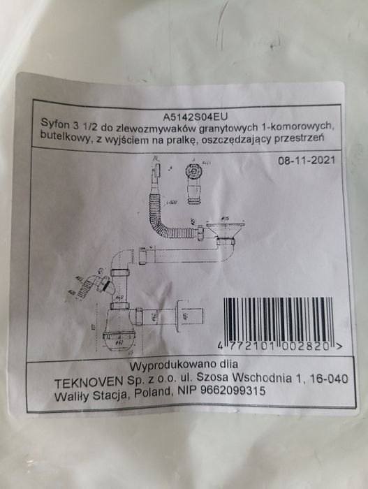 Syfon 3 1/2 do zlewozmywaków granitowych 1-komorowych, butelkowy