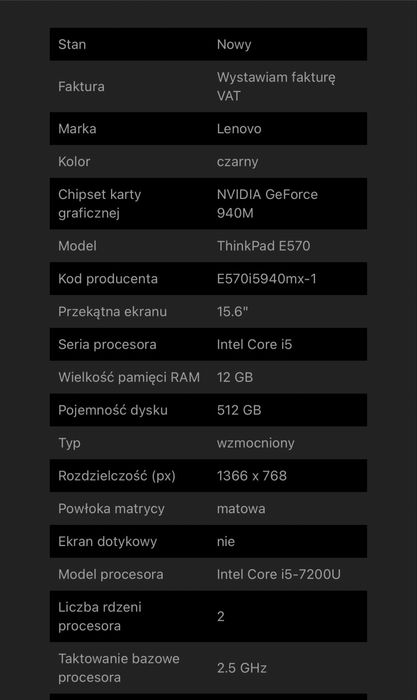 Lenovo ThinkPad E570 - uzywany przez 2miesiace