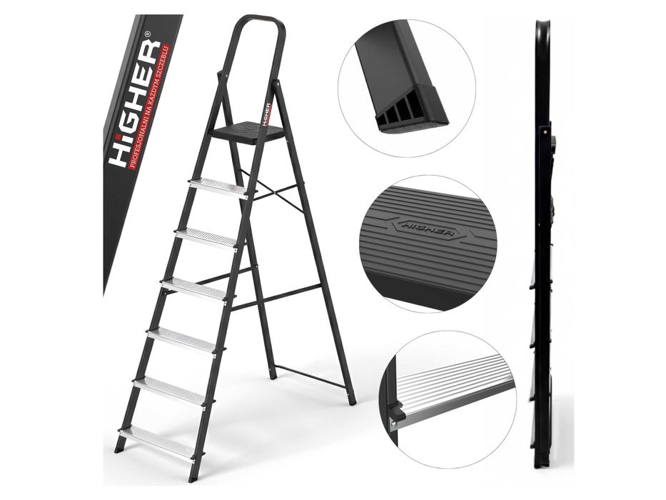 Drabina aluminiowa stalowa domowa HIGHER 7 stopni 150 kg MOCNA