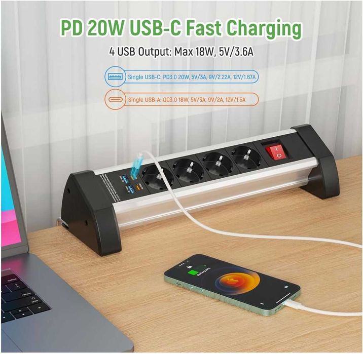Listwa biurkowa 4 gniazda USB-C PD20W 1.8m kabel 16A/3680W z klipsem