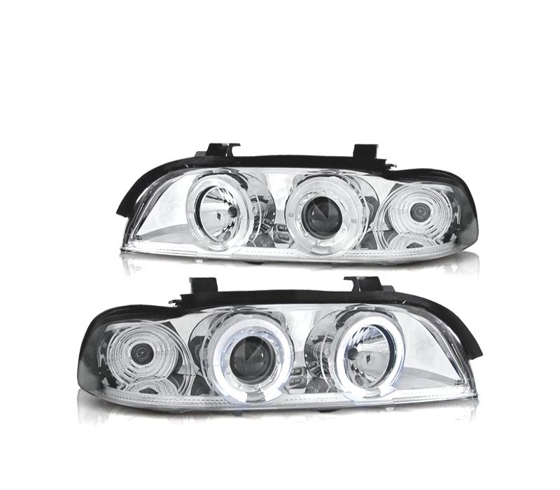 FARÓIS ANGEL EYES CCFL BMW E39 95-00 MANUAL FUNDO CROMADO