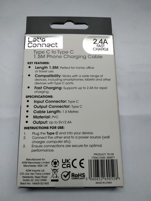 Cabo 1,5m para carregadores de telemóveis android novo  2.4