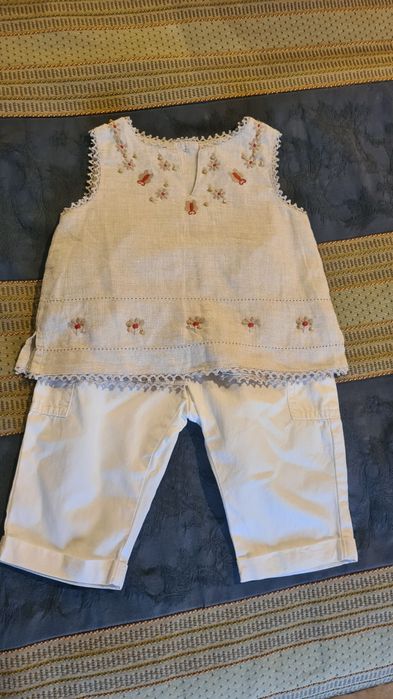 Conjunto de calças+ Top em linho bordado à mão tam. 0-6 Meses