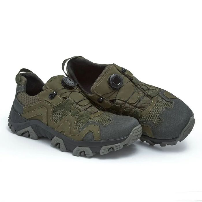 Тактичні кросівки з автошнуровкою чоловічі літні шкіряні з сіткою хакі