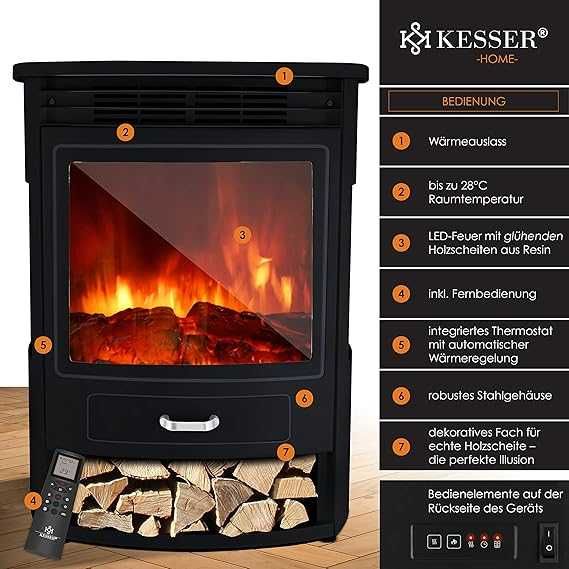 KESSER® Prio elektryczny kominek z efektem płomienia pilot  950/1900 W