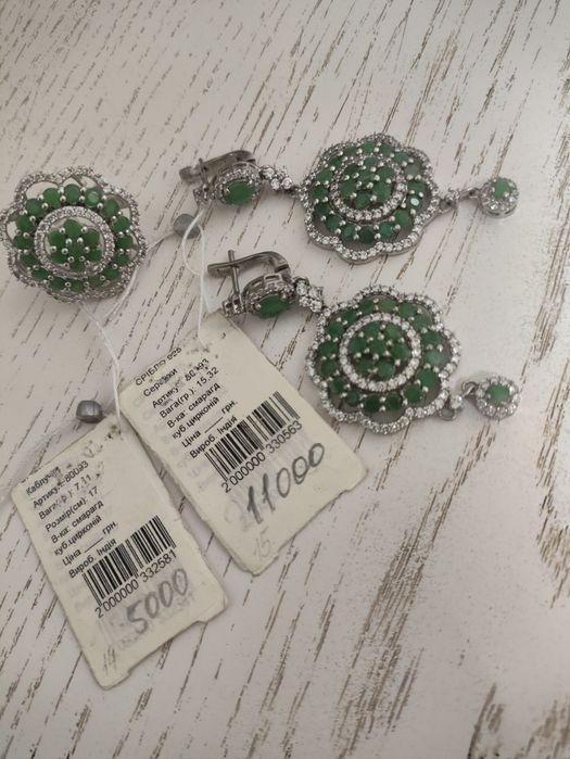 Срібний набір зі смарагдами