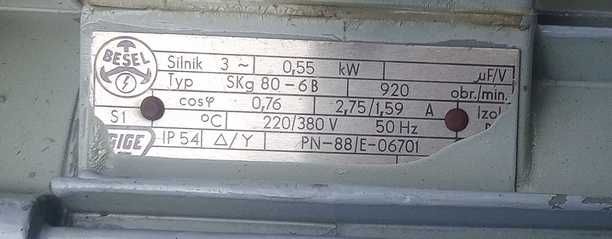 Silnik kołnierzowy 3f wolno obrotowy SKg80-6B 0,55 kW 920 obr/min