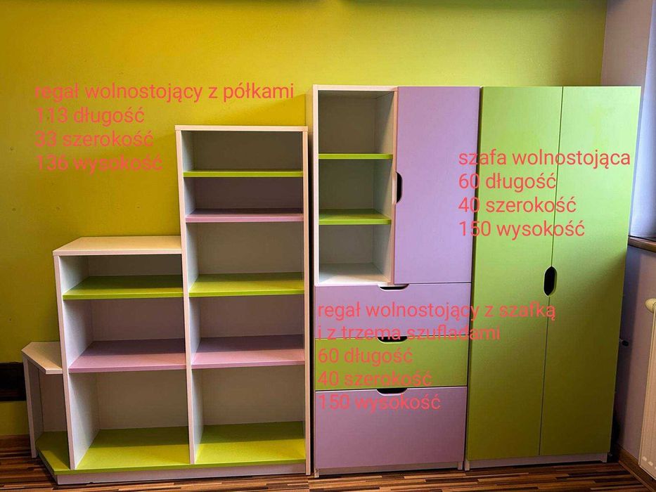 Zestaw mebli dziecięcych: łóżko, 2x półki ścienne, regał wolnostojący