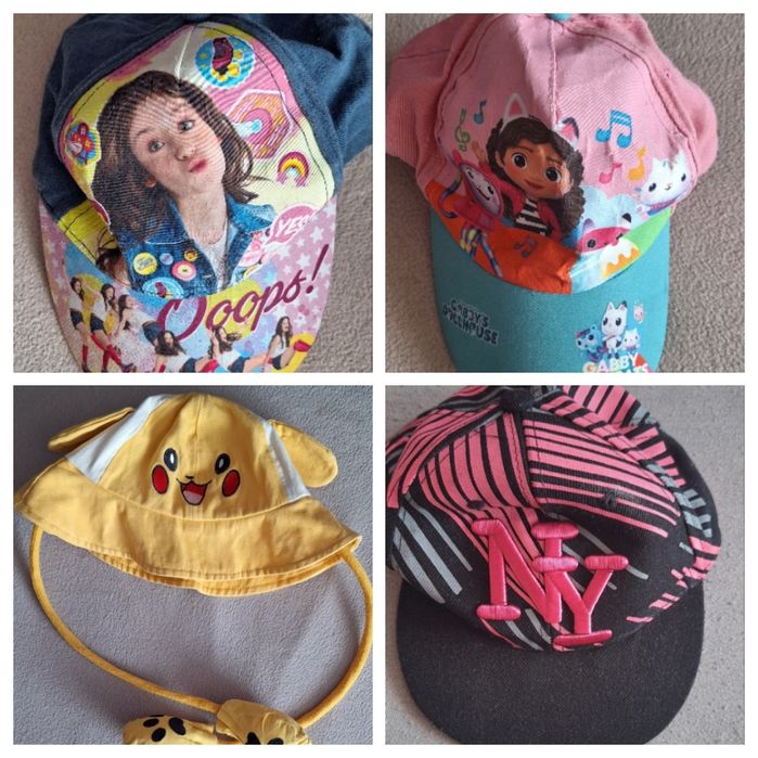 Zestaw czapek letnich dla dziewczynki,dżokejki i kapelusik Pikachu