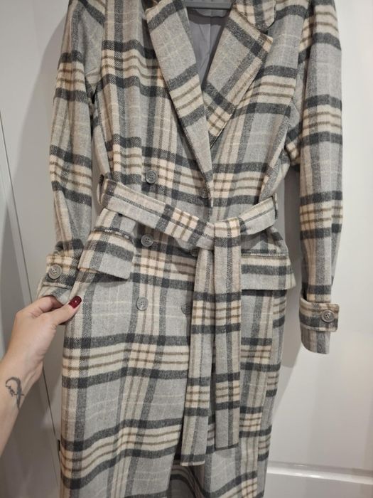 Świetny płaszcz jesienno zimowy w kratę szary L
