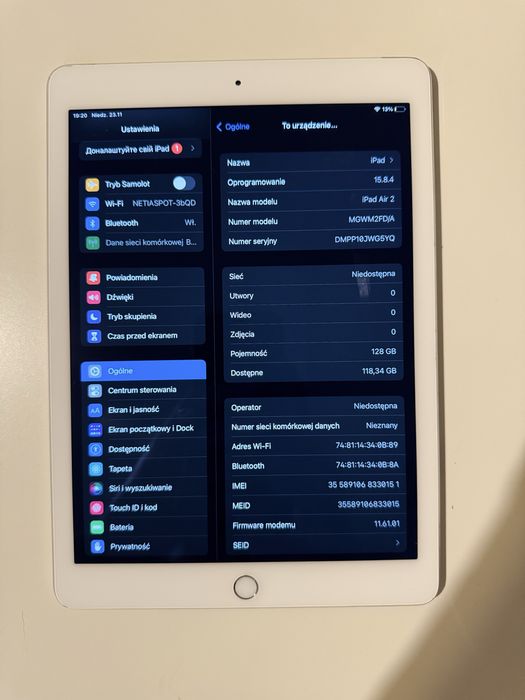 Ipad air 2 128gb + LTE bez wyświetlaćza