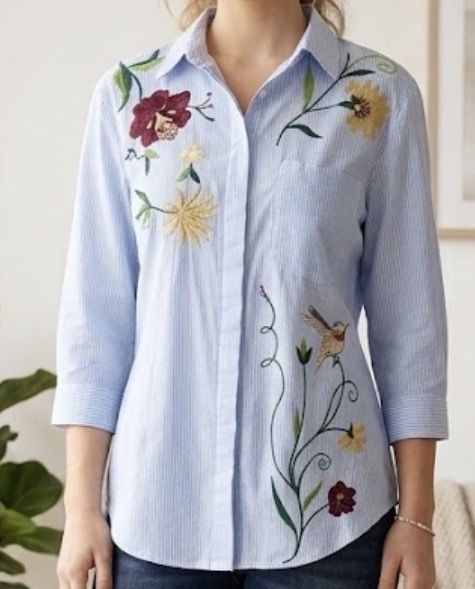 Niebieska koszula w paski z haftem boho kwiaty i ptak 3D