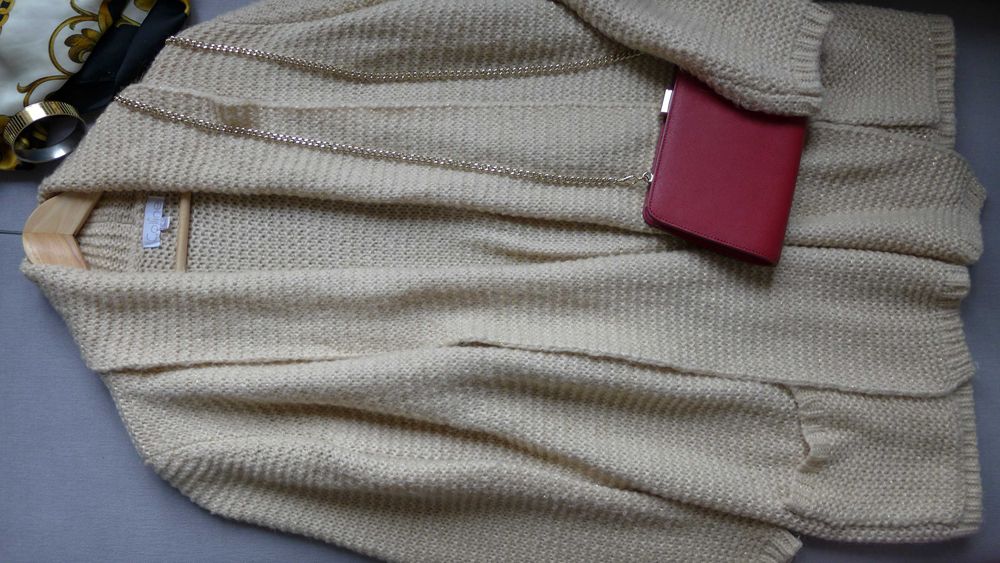 Luźny wełniany kardigan moherowa narzutka 40 42 L XL MOHER sweter