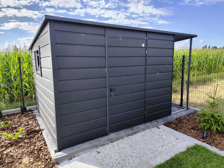 Domek Narzędziowy Grafit Mat z Wiatą w Cenie