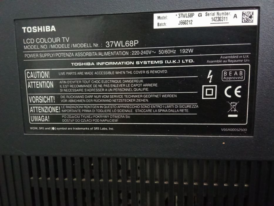 Toshiba LCD Colour TV 37WL68P

LCD COLO