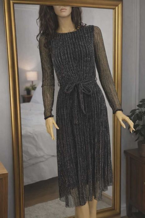 Sukienka wieczorowa czarna z srebrną nitką elegancka na imprezę r. XXS