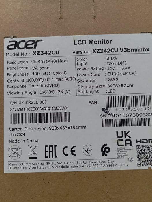 Monitor Acer Nitro XZ342, 21:9, 4K, Gamingowy
