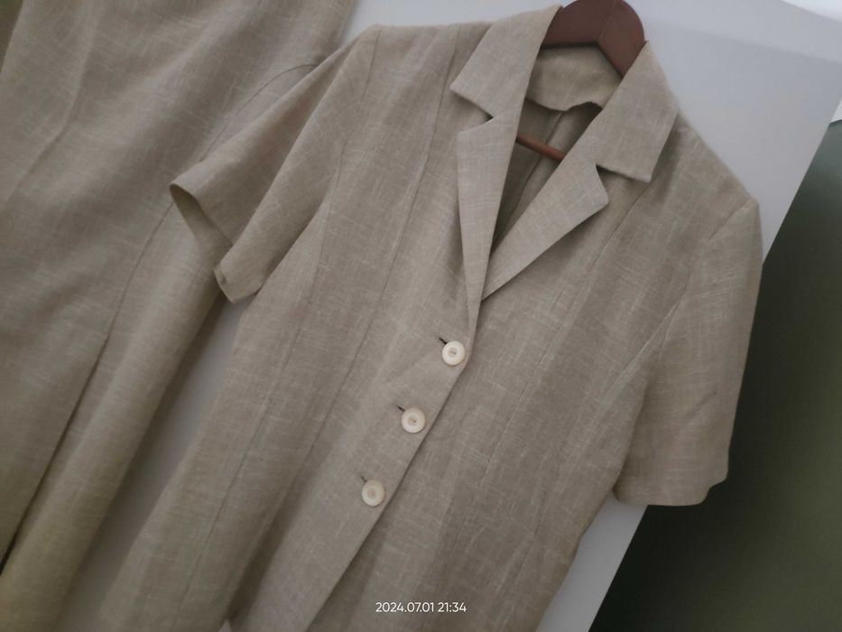 Piękny Komplet_ Beż/ Len_Spódnica Midi i Żakiet_40_Lux