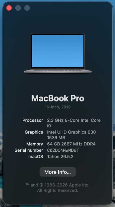 MacBook Pro 16” (2019) | i9 | 64GB RAM | 1TB SSD | Radeon Pro 5500M 4GB