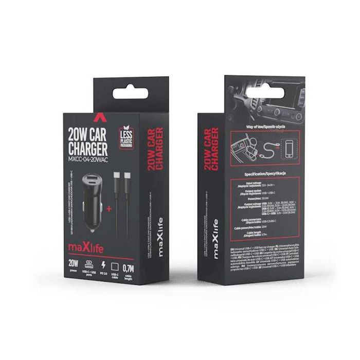 Maxlife ładowarka samochodowa 1xUSB-C 1xUSB + kabel USB-C -USB-C
