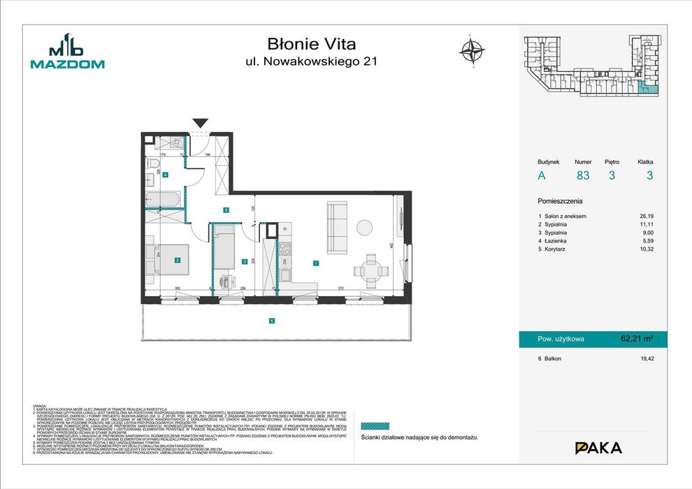 3-pokojowe mieszkanie 62m2 + balkon Bezpośrednio