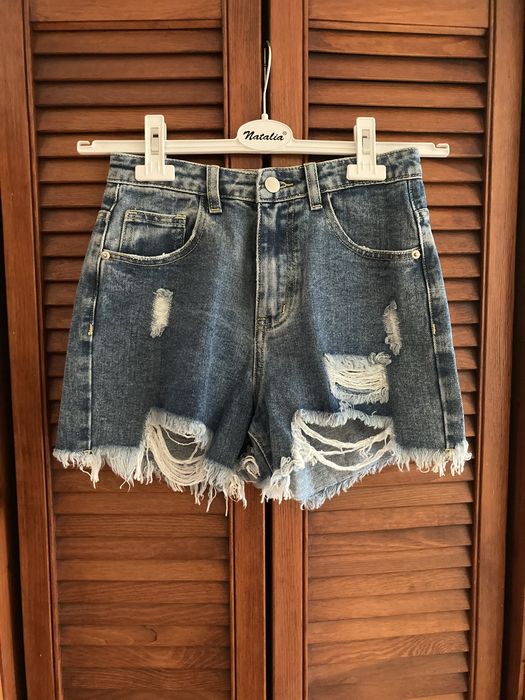 Prettylittlething szorty jeansowe przetarcia dziury bawełna 34 XS